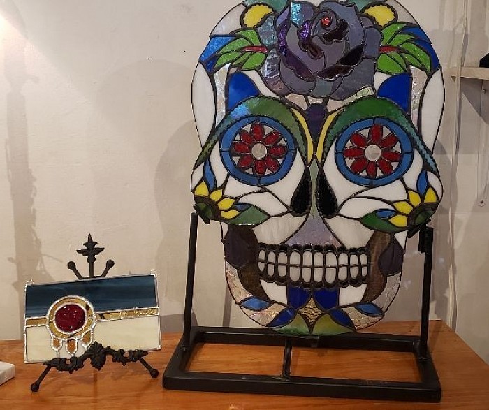 Stained Glass Custom Designed Sugar Skull available for purchase