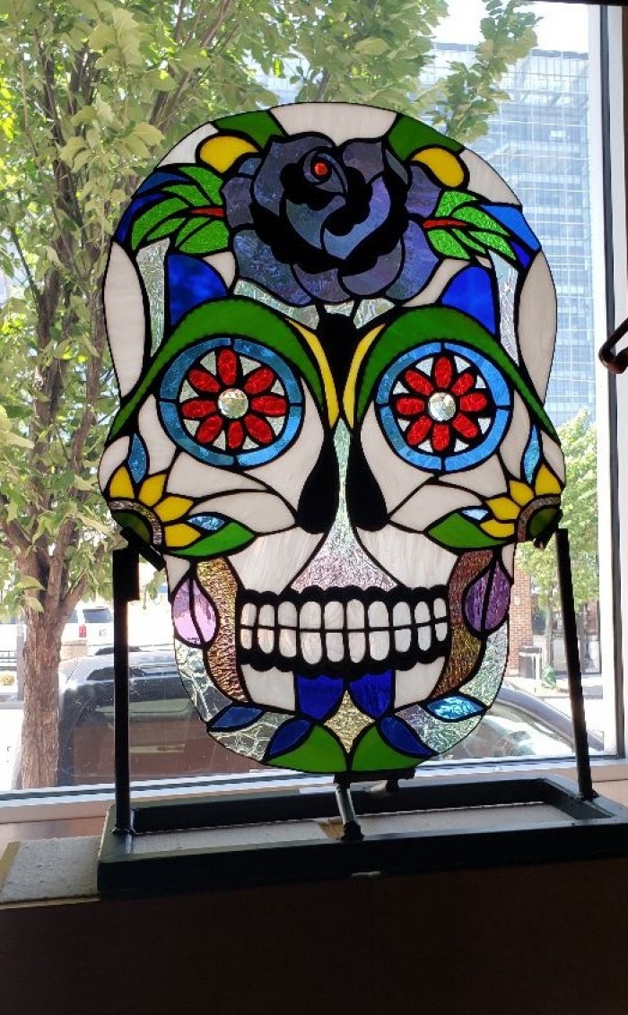 Stained Glass Sugar Skull custom built with stand
